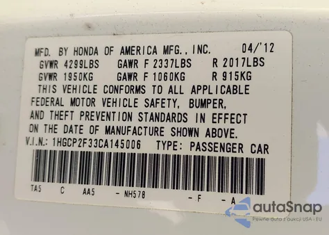 2012 Honda Accord 2.4 Lx from USA, damaged, VIN 1HGCP2F33CA145006